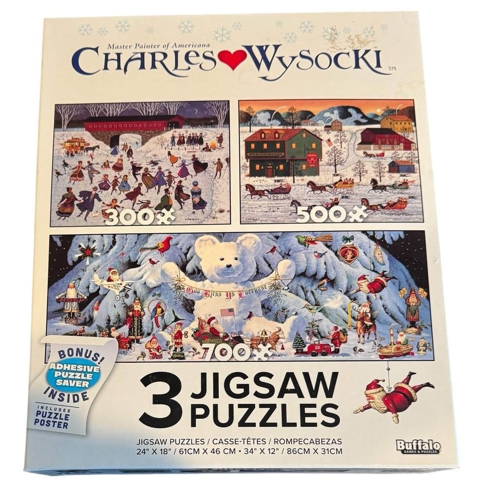 Charles Wysocki 3 Jigsaw Puzzle Set Buffalo Games Americana Winter Christmas NIB